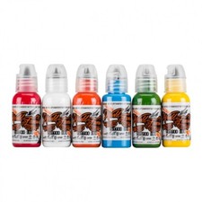 World Famous Tattoo Ink 6 Color Simple Set 1oz Red White Orange Blue.. Boxed Set