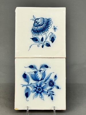 2 - 18th/19th Century Delft Blue Floral Mounted Tile Panel ~ 10 1/4'' x 5 1/8''