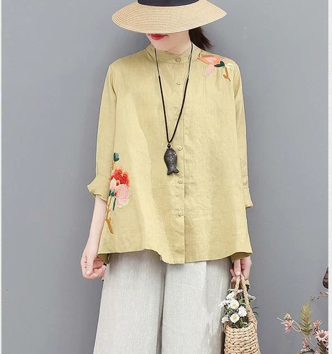 Retro Chinese Style Women's Cotton Blouse New Embroidery Loose Tops Shirts - Picture 6 of 15