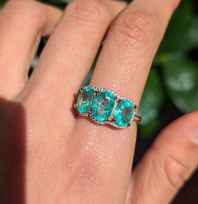 Natural 3.25ct Colombian Emerald Diamond Oval Trilogy Ring 10ct Gold Size Q 8