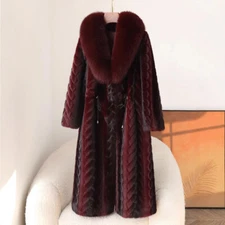 Mink Fur Coat Women's Mid Long Fox Fur Collar Mother Coat Jackets Overcoats Warm