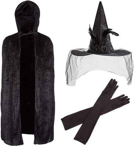 Donna 3pc Strega Costume Halloween Velluto Nero Mantella Cappello & Guanti - Foto 1 di 6