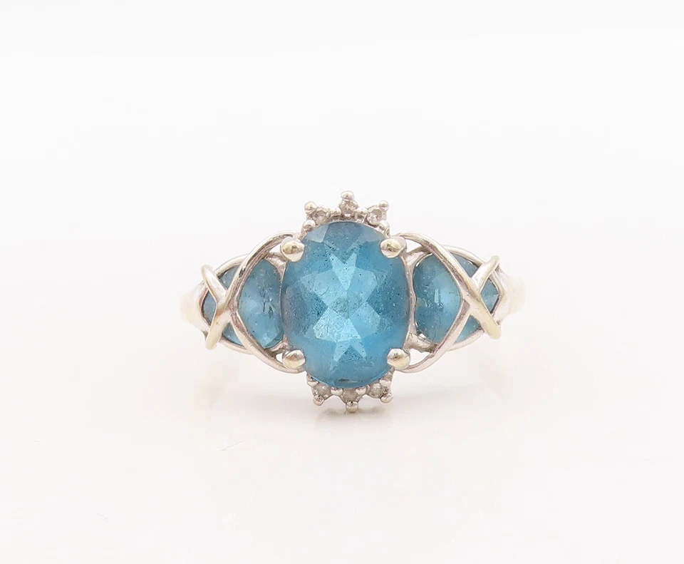 14K GOLD Vintage Ring Genuine Diamonds & Multi Cut Blue Topaz  Sz 8  GR889 - Image 2 of 4