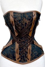 Brown Brocade Brown Real Leather Over bust Corset Steel Bones Lace up XS