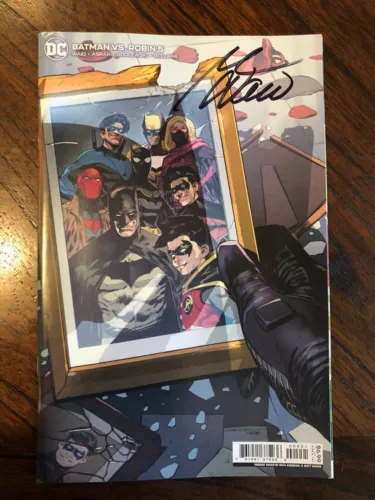 Batman vs. Robin #5 Rafa Sandoval cardstock AUTOGRAPHED by Mark Waid (corner)