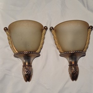 Antique Style Bronze Metallic Wall Sconce Pair Cone Glass Shade Upwards Tuscan