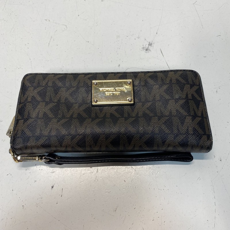 Michael Kors Brown Signature Monogram Zip Around Continental Wristlet Wallet