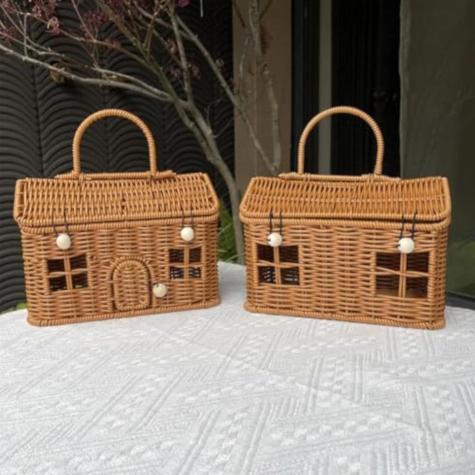 Caja de Almacenamiento Dormitorio Organizador Casa Forma Ratán Tejido Cesta con Tapa Almacenamiento Foto 3 de 4