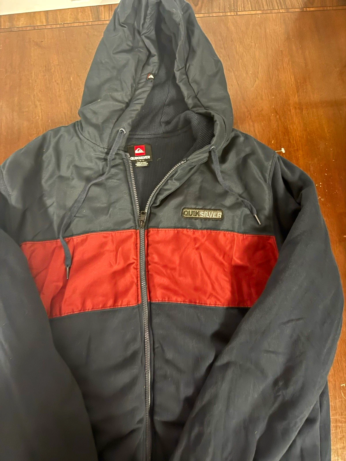 Quiksilver Men's Black/Red Colorblock Hooded Full Zip Cotton Jacket Logo L image 1