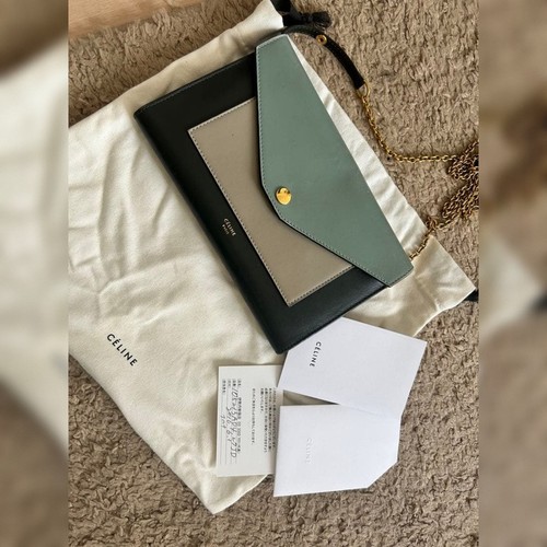 CELINE Wallet On Chain Clutch Crossbody Shoulder Bag Leather TriColor 105213
