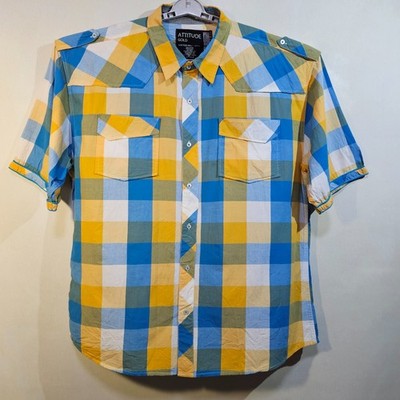 Attitude Gold Mens 4XL Short Sleeve Shirt Button Up 100% Cotton Blue Gold Plaid