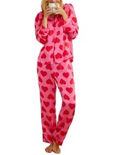 Women Valentine's Day Pajamas Set Heart Print Silk Long Small, Dark Pink