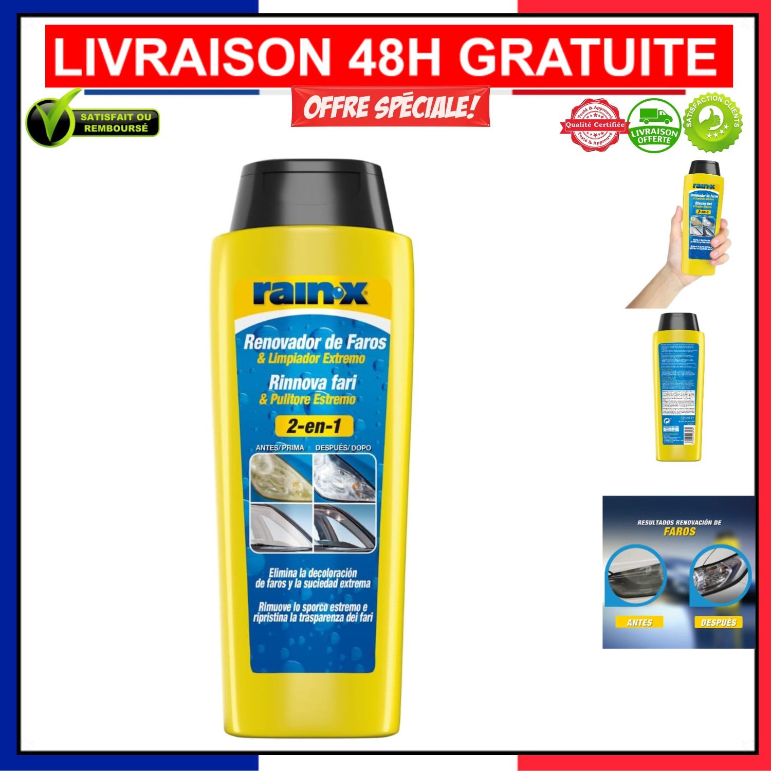 Nettoyant Phares 2-en-1 Rain-X anti-UV avec protection durable flacon 325 ML