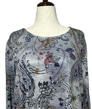 CJ Banks Top Womens 3X Gray Purple Paisley Tie Sleeves Flowy Stretch 3/4 Sleeve