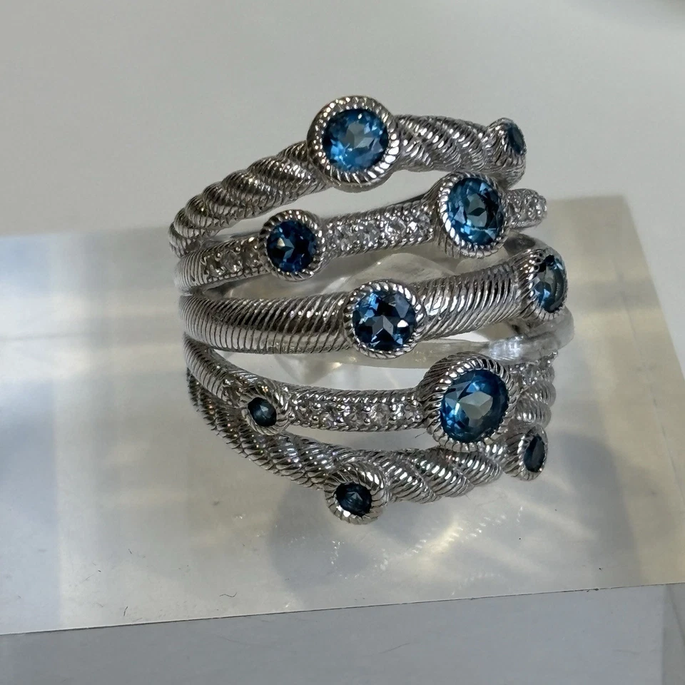 Judith Ripka Sterling Silver & Blue Topaz Multi-Row Cocktail Ring Size 6.5 8.4g - Image 3 of 4