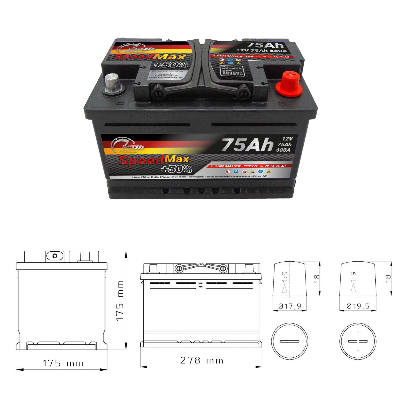 Autobatterie 75Ah 12V +50% Power 680A ersetzt 70Ah 72Ah 74Ah 75Ah