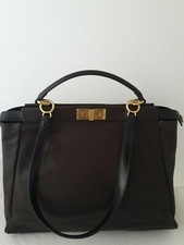 Auth Fendi Peekaboo Brown Leather Shoulder Bag Size: Large