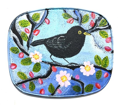 Original Gemälde auf Tischset, Amsel in Blüte, Volkskunst/naive Kunst