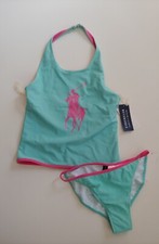 NWT Ralph Lauren Girls Two Piece Swim Big Pony Reversible Set Sz 12 Pink Blue