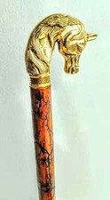 Testa di cavallo in ottone nautico manico massiccio canna in legno antico sti...