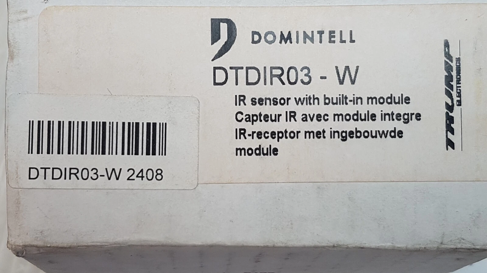 Domintell DTDIR03-W box label: IR sensor with built-in module