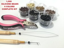 1,500 Silicone Micro Feather Hair Extension Rings Beads COMPLETE TOOL KIT HOOK