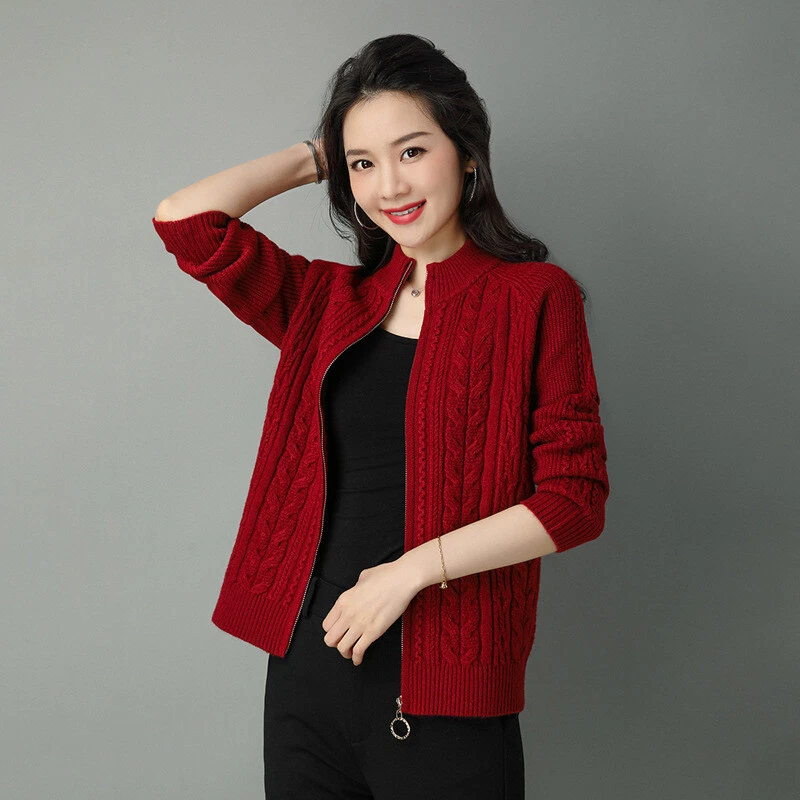 Casual Womens Korean Fashion Loose Stand Collar Zipper Knitted Sweater  Cardigan