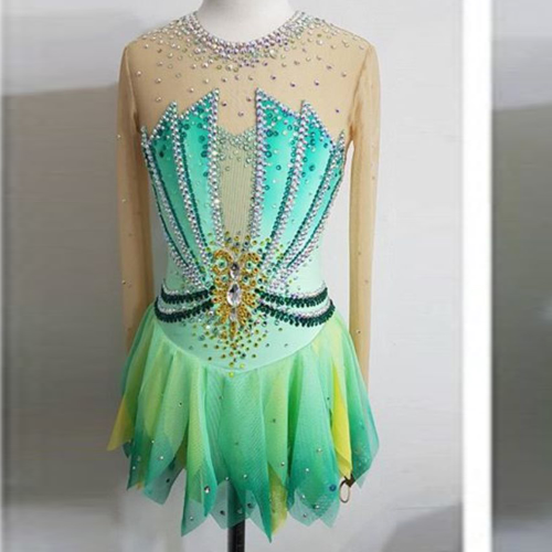 green emerald velvet dress Competition Figure Skating Dress Royal Mesh Lycra 100's AB Crystals   Boutique Step Up