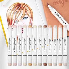 Bianyo Skin Tone Alcohol Markers, Set of 12, Dual Tip Bullet & Chisel Art Marker