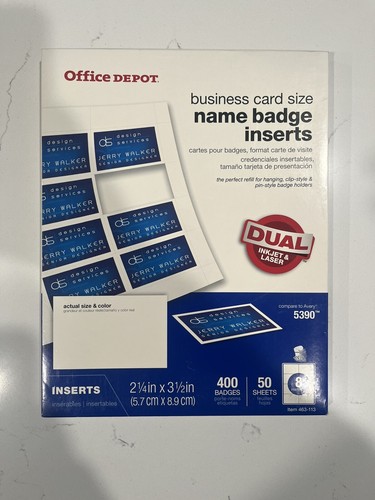 Office Depot Brand Badge Inserts, Business Card Size, 2 1/4" x 3 1/2", White, P
