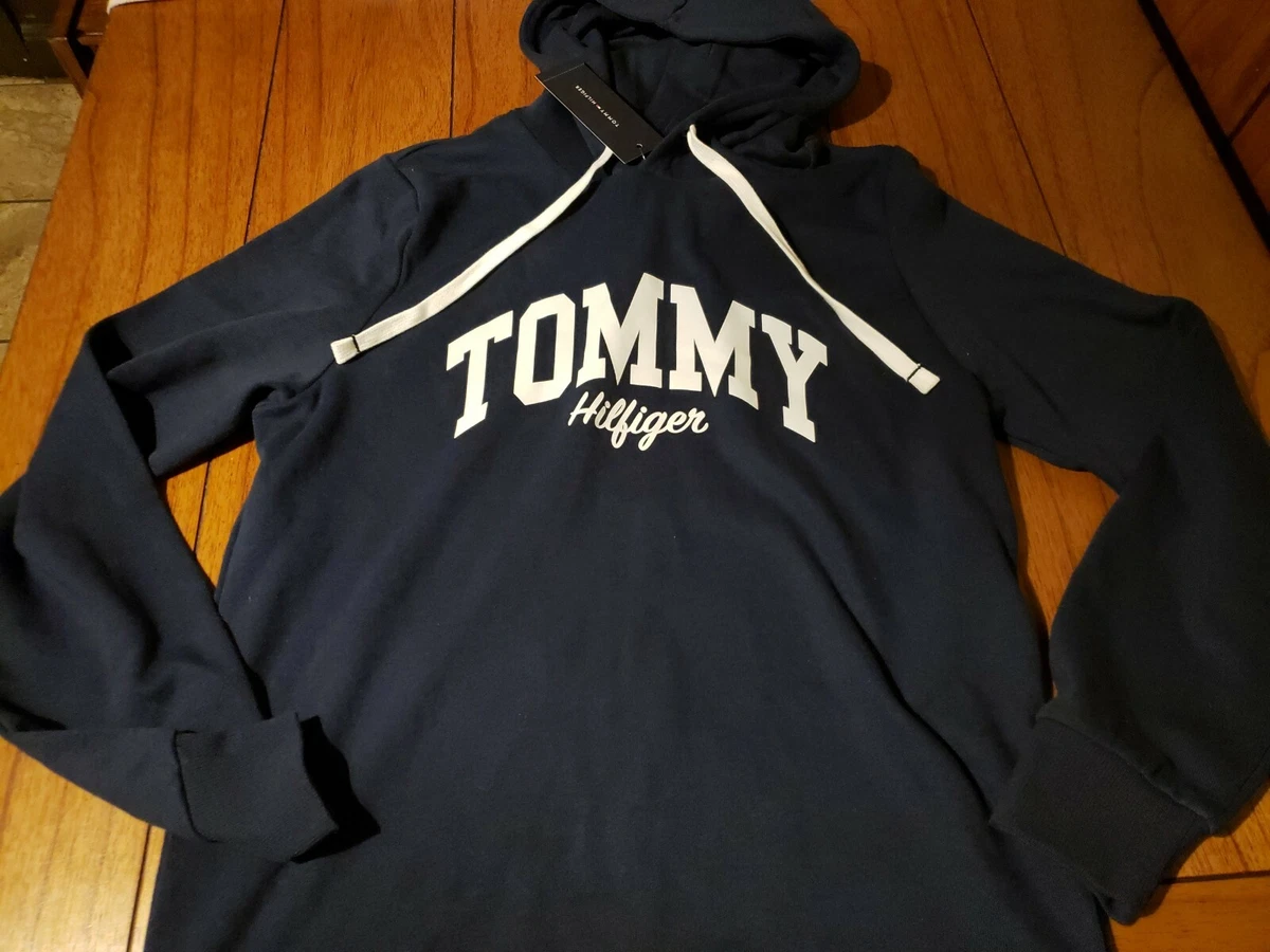 NWT 42 Tommy Hilfiger Men s Dark Navy Blue Pullover Hoodie Logo Sleepwear