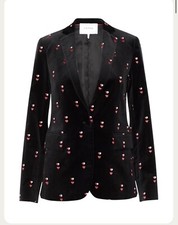 Frame Classic One Button Black Velvet Blazer Size 4 Heart Embroidered $625