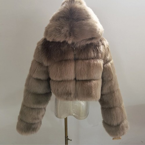 Lady Furry Cropped Faux Fur Coats Fluffy Top Coat W/Hooded Winter Warm Jacket - Picture 14 of 39
