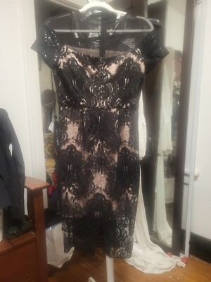 JAX Black Label NWT Black Lace & Sequins Nude Slip Pencil Dress 2