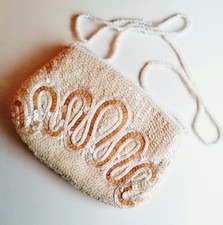 Carla Marchi Evening bag sequins seed beads women's small purse cream w/strap