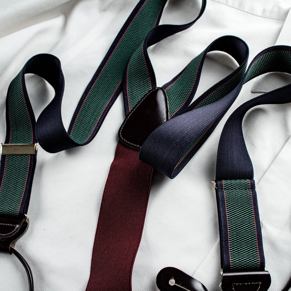 TRAFALGAR 全新绿色勃艮第蓝色条纹皮革织物纽扣环吊带 — 第 4/4 张图片