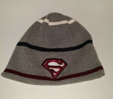 Superman Boys Kids Grey Striped Reversible Beanie Hat One Size