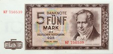 Deutschland DDR - Geldschein BANKNOTE - 5 Mark 1964 Berlin Alexander v. Humboldt