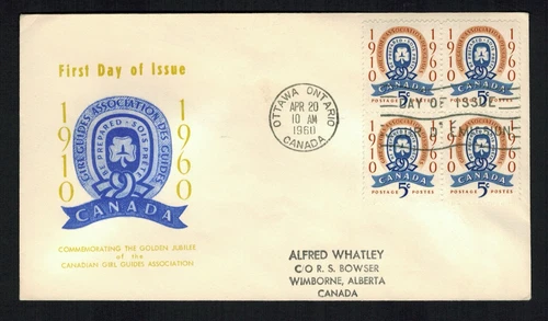 Canada #389 1960 5¢ Girl Guides block of 4, Crest cachet FDC