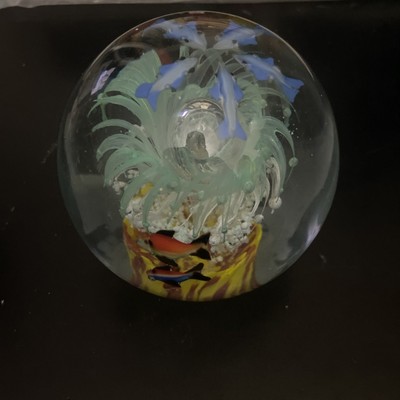 Murano Glass Paperweight Decoration Fish Deep Sea Aqua Life Blue Dolphins Glows