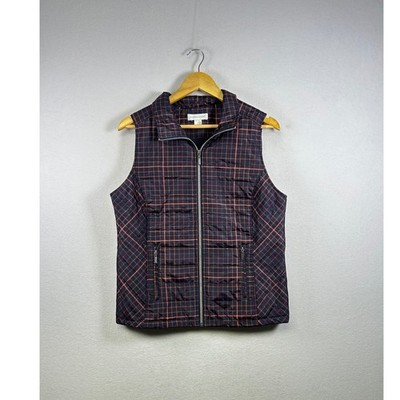 Christopher & Banks Quilted Puffer Vest Womens M Navy Blue Orange Plaid Zip Up
