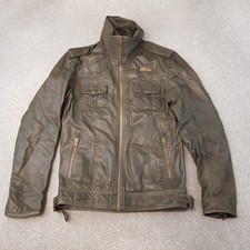 Superdry Mens Jacket Large Brown Leather Ryan Biker Coat Moto Cafe Racer Zip Up