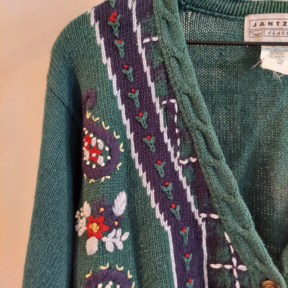 Cárdigan Suéter Jantzen Bordado a Mano Medio Verde Cachemira Años 90 Vacaciones Foto 3 de 4