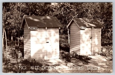 RPPC~No Sit Down Strikers Here~Brother & Sister Outhouses~1938 LL Cook Milwaukee