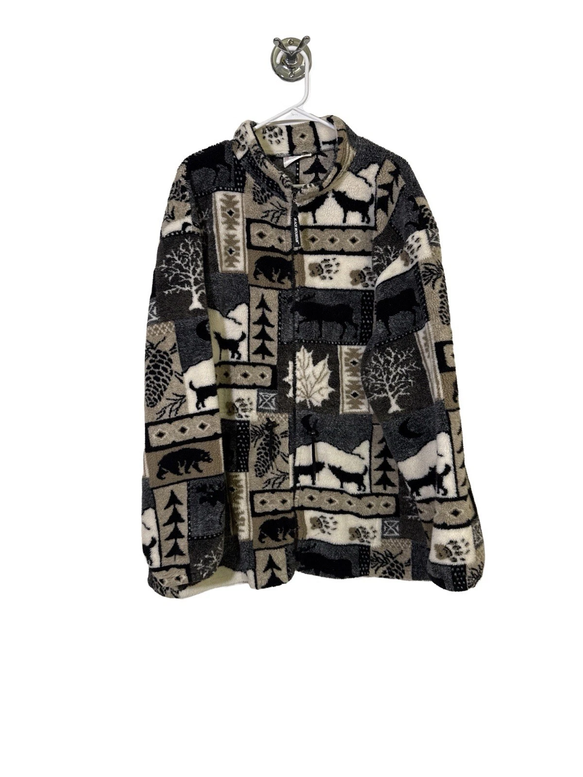 Vtg Black Mountain Fleece Jacket 3XL Forest Pattern Full Zip Pockets with Hat
