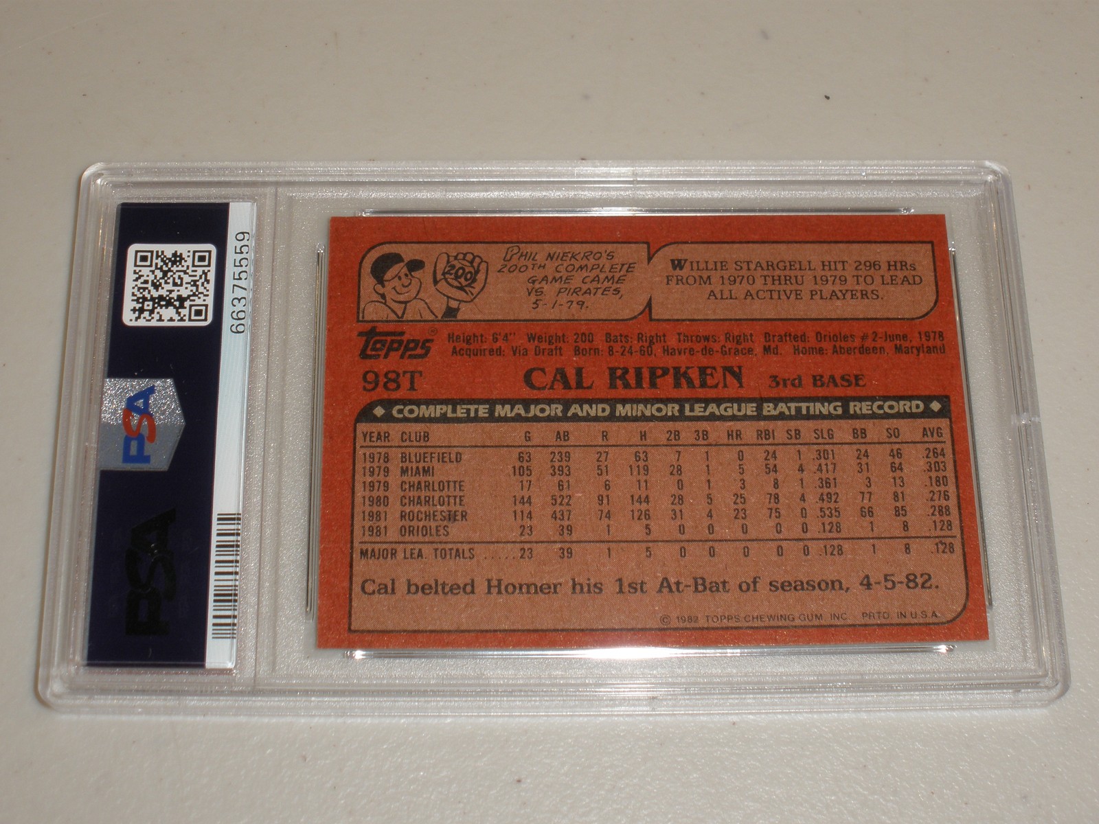 1982 Topps Traded #98T Cal Ripken Jr Rookie RC PSA 8 NM-MT view 2