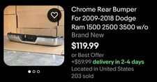 Chrome Rear Bumper For 2009-2018 Dodge Ram 1500 2500 3500