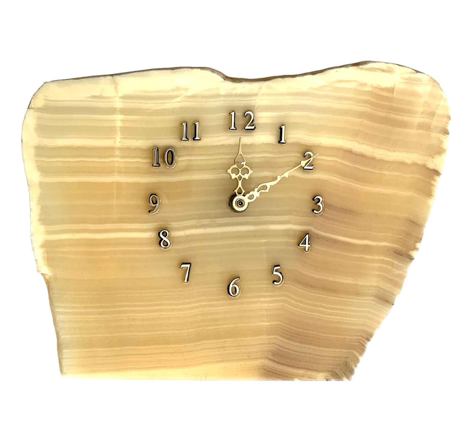 Mid Century Onyx Calcite Wall Clock Stone Slab Gold Numbers Battery Op Vintage