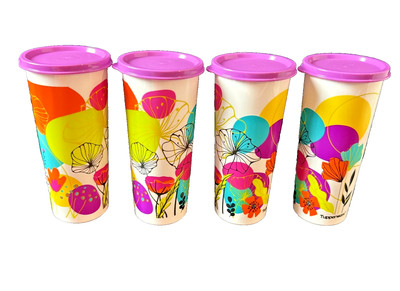 TUPPERWARE Tumblers Set of 4 16oz Purple Airtight Seals Colorful Flower Design 