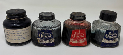 4 Vintage Fountain Pen Ink Bottles Blue Black Red Parker Quink